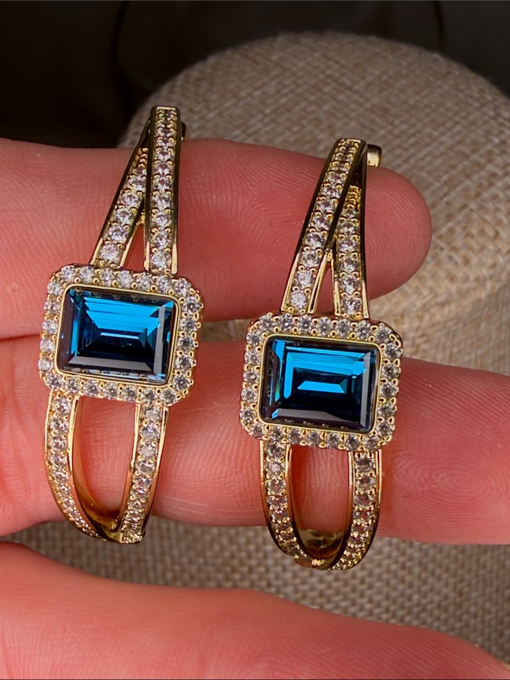 Gold-Tone Hoop Earrings with Blue -Cut Crystal and Pavé Accent